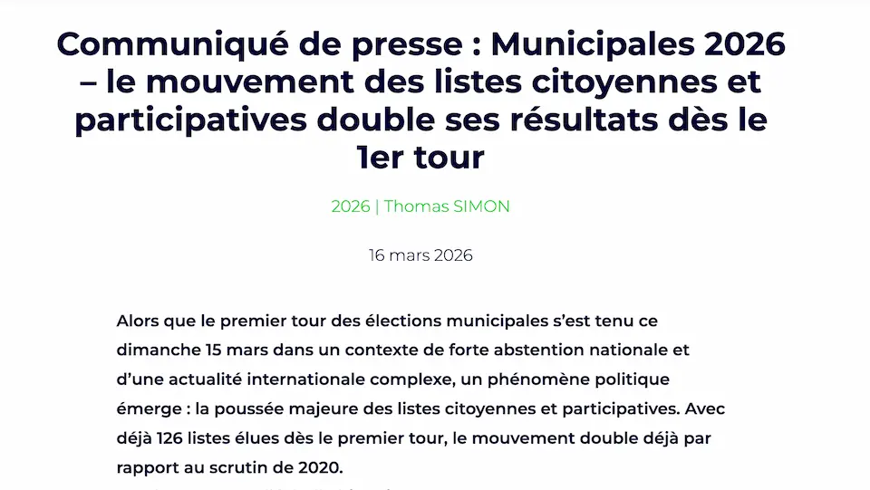 Municipales 2026 – le mouvement des listes citoyennes et participatives double ses résultats dès le 1er tour